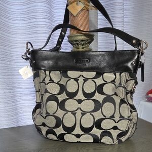 Coach Black and White Signature Leather & Canvas Large Shoulder Bag